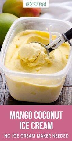 mango coconut ice cream in a plastic container with a knife sticking out of the top