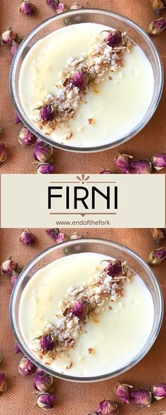 two bowls filled with food on top of a brown table covered in dried rose petals