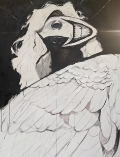 a black and white drawing of a bird with large wings on it's head