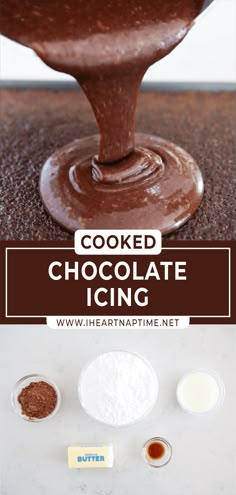 chocolate icing is being poured into a bowl