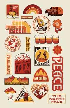 an assortment of stickers and decals from the north face in red, orange, yellow and white