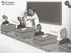 an old cartoon depicts a teacher teaching to her students