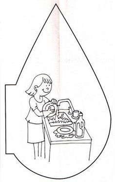 a drawing of a woman washing dishes in a sink under a faucet with water dripping from the faucet