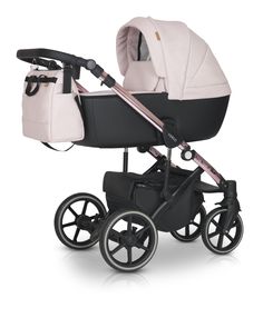 a baby stroller with a bag on the back and wheels, in front of a white background