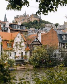 some buildings and trees by the water