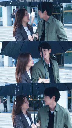 two people standing under an umbrella in the rain, one is kissing the other while the other