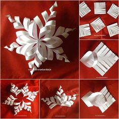 paper snowflakes are cut out and placed on a red sheet with white strips