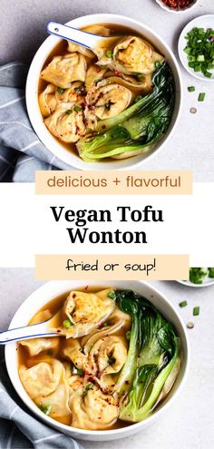 two bowls filled with vegan tofu wonton soup