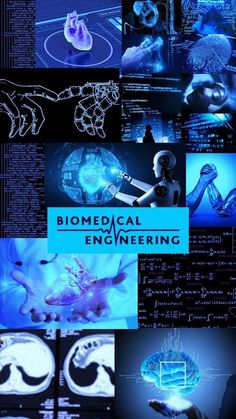 a collage of images with the words biomedical engineering in blue and white