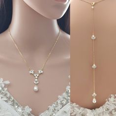 three different views of the back of a woman's dress, with necklaces and earrings