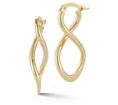 Elevate your jewelry collection with these earrings featuring a unique twist on the classic hoop design with an elegant sideways infinity sign. Crafted in radiant 14K gold, these earrings offer a timeless appeal with a modern edge, perfect for adding a touch of sophistication to any outfit. From Luminosa. Infinity Hoop, Infinity Sign, Hoop Design, Jewelry Collection, Jewelry Earrings, Hoop Earrings, Twist, Yellow Gold, Gold