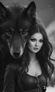 a beautiful woman standing next to a wolf