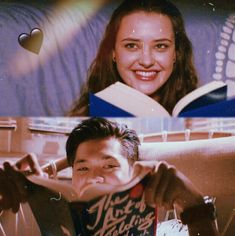 two pictures of a woman and a man smiling at the camera, one is holding an open book