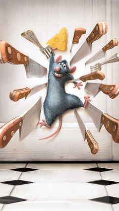 a cartoon rat with many knives and cheese on it's back, in front of a tiled floor