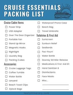 a printable cruise packing list with the text cruise essentials packing list on it