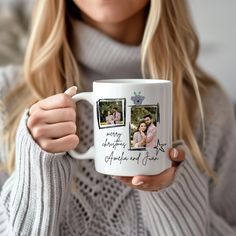 a woman holding a coffee mug with two photos on it and the words happy anniversary