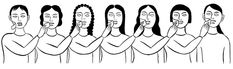 a line drawing of people with their hands in front of their faces, and one person covering his mouth