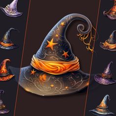 the wizard's hat with many different colors and designs on it, including stars