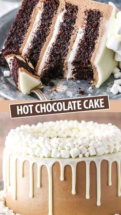 there is a cake with white frosting on the top and chocolate cake in the bottom