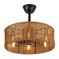 a wicker chandelier with three lights hanging from the ceiling, on an isolated white background