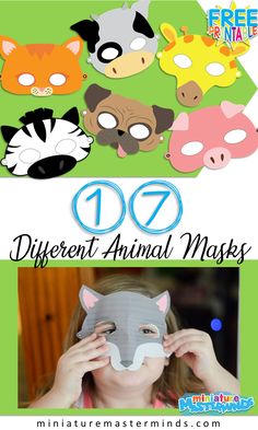 a girl holding up a paper animal mask to her face with the words, 10 different animal masks