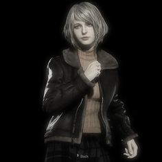 a woman with blonde hair wearing a black leather jacket and turtle neck sweater, standing in front of a dark background