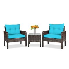 patio furniture set with blue cushions and table