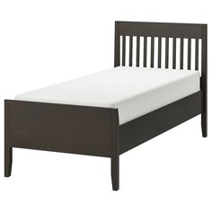 a wooden bed frame with white sheets on the top and bottom side, against a white background