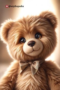 a brown teddy bear with a bow tie on it's neck sitting in front of a light