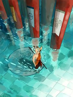 a cartoon character is in the middle of a pool surrounded by columns and pillars with signs on them