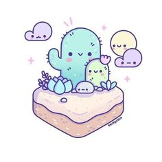 an illustration of a cactus and its babies on top of a cake