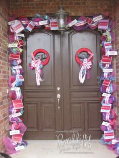 two brown double doors decorated with ribbons and tags for valentine's day or any other special occasion