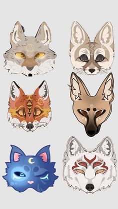 four different types of animal masks on a white background, each with an image of a wolf's head