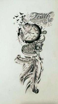 a drawing of a clock with feathers on it and the words faith written in cursive writing