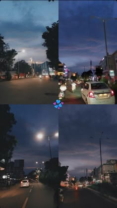 two pictures of cars driving down the street at night and in the distance, there are lights on