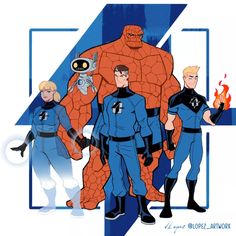 the fantastic four are standing in front of a blue and white background