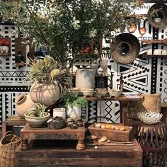 an assortment of potted plants in front of a black and white wall with geometric designs