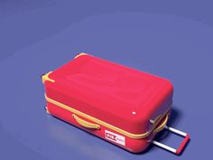 a red piece of luggage sitting on top of a blue floor next to a yellow handle