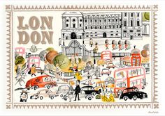 a drawing of people and cars in front of a building with the words lon don on it