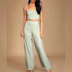 Head To The Vip In The Lulus Out Tonight Sage Green Two-Piece Jumpsuit! Crepe Woven Fabric Shapes This Sleek And Sexy Set That Includes A Princess-Seamed Crop Top With A V-Neckline, And Lace-Up Back. Matching High-Waisted Trousers Have Wide, Tulip Pant Legs And A Hidden Back Zipper. Compliments For Girls, Spring Engagement Photos Outfits, Tulip Pants, Green Two Piece, Spring Engagement Photos, Two Piece Jumpsuit, Green Jumpsuit, Adhesive Bra, Red Jumpsuit