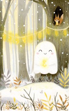 a drawing of two cats in a snowy forest with trees and lights hanging from the branches