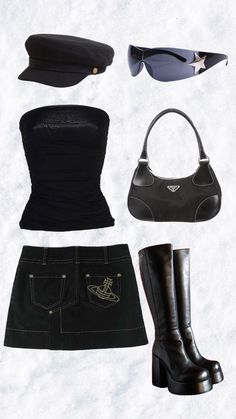 Y2k Outfits Street Styles Skirts, 2000s Mini Skirt Outfit, Black Tube Top Outfit, Magazine Aesthetic, Types Of Clothing, Boots Prada, Aesthetics Fashion, Top Sunglasses, Black Tube