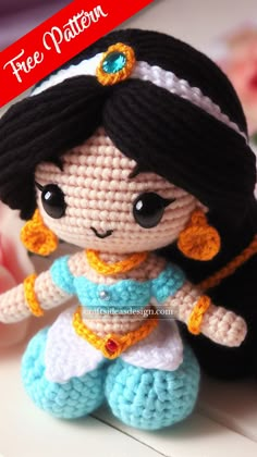 Jasmine Amigurumi Turquoise Outfit, Crochet Quilt Pattern, Aladdin Princess Jasmine, Knitting Quilt, Aladdin Princess, Disney Crochet Patterns, Crochet Toys Free Patterns, Crochet Pattern Instructions, Crochet Toys Free