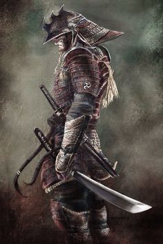 a painting of a man in armor holding two swords