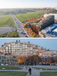 two pictures side by side, one with buildings and the other with people on bikes