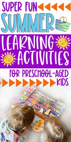 two young children reading a book with the title super fun summer learning activities for preschool - aged kids