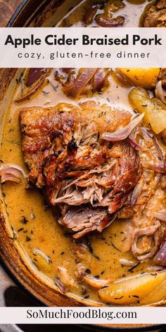 an apple cider braised pork stew with potatoes and onions