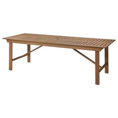 a wooden table with slatted design on the top and bottom, against a white background