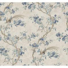 a wallpaper with blue flowers and birds on it