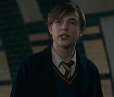 a young man in a harry potter outfit looks at the camera while wearing a sweater and tie